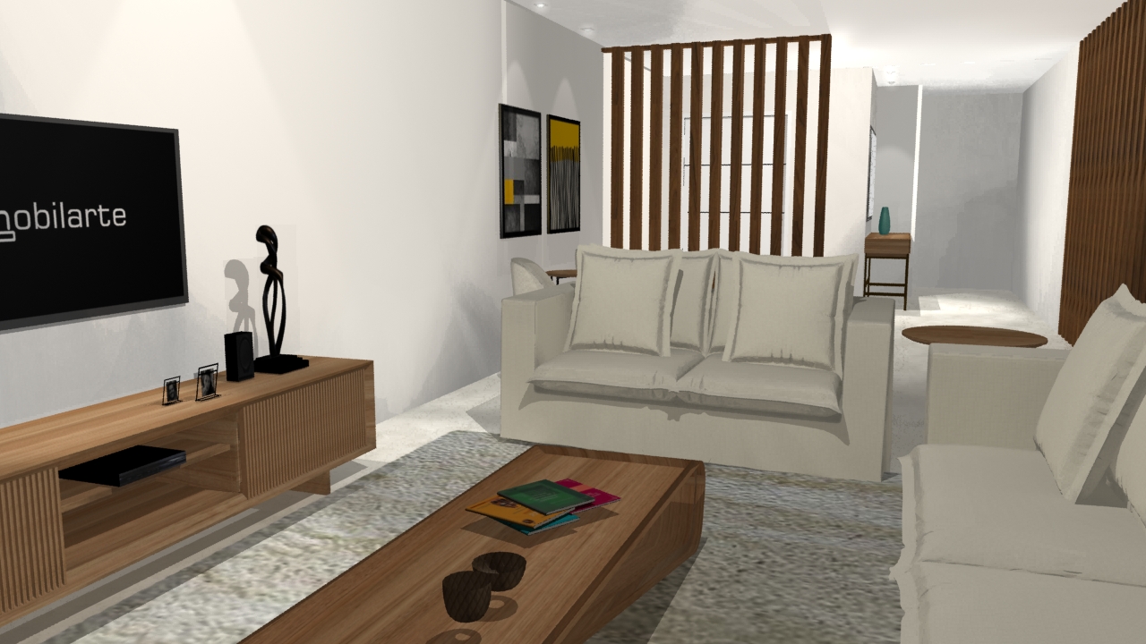 Projeto de interiores com sofá e mesa de centro em 3D